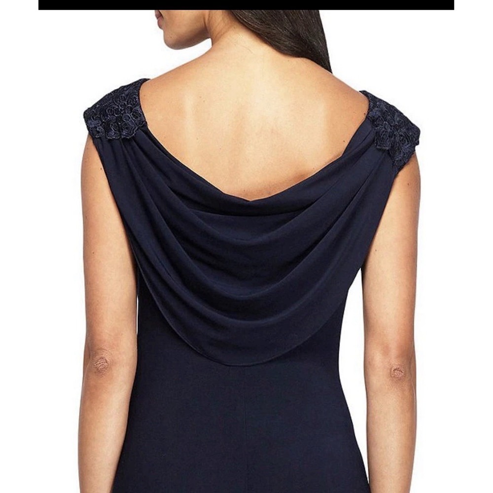 Alex Evenings navy blue gown featuring a lace bodice Size 10 Navy Cowl Back - Picture 12 of 15